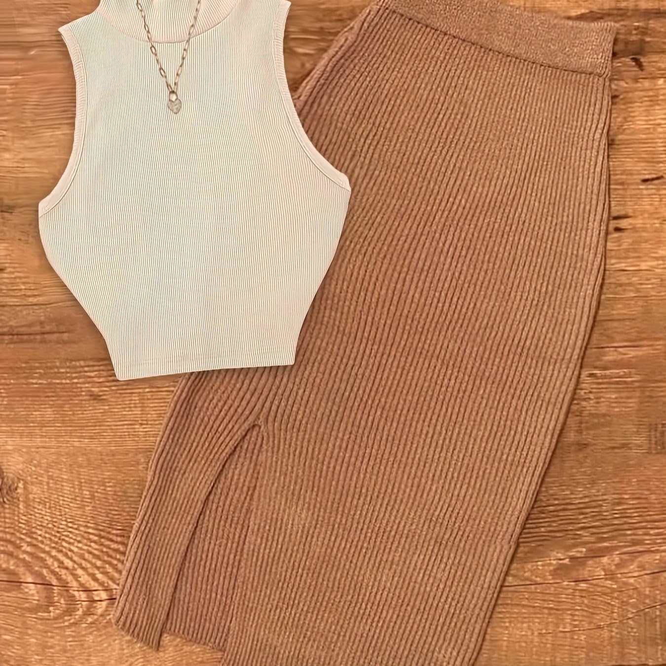 TEMU Women's Apricot Ribbed Sleeveless Turtleneck Top & Brown Ribbed Slit Skirt, 2pcs Set