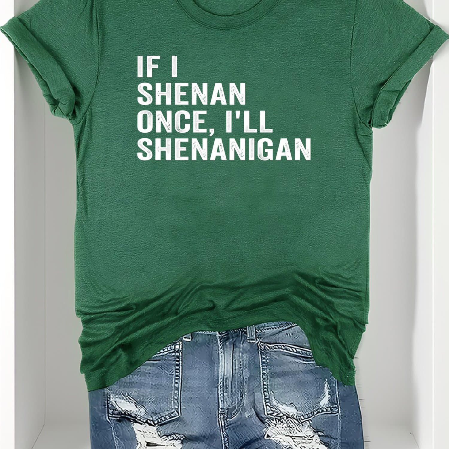 TEMU Ladies' Casual Summer T-shirt - Women's Knotted With Graphic Print 'if I , Shenanigan', Round Neck, For Everyday Wear And Sports, Style Tee