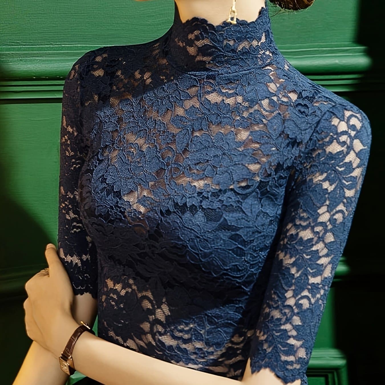 TEMU Lace Spring Summer New Elegant Women's Outfit Women's Short Sleeve Fitted Stand Collar Girly Short Sleeve Top
