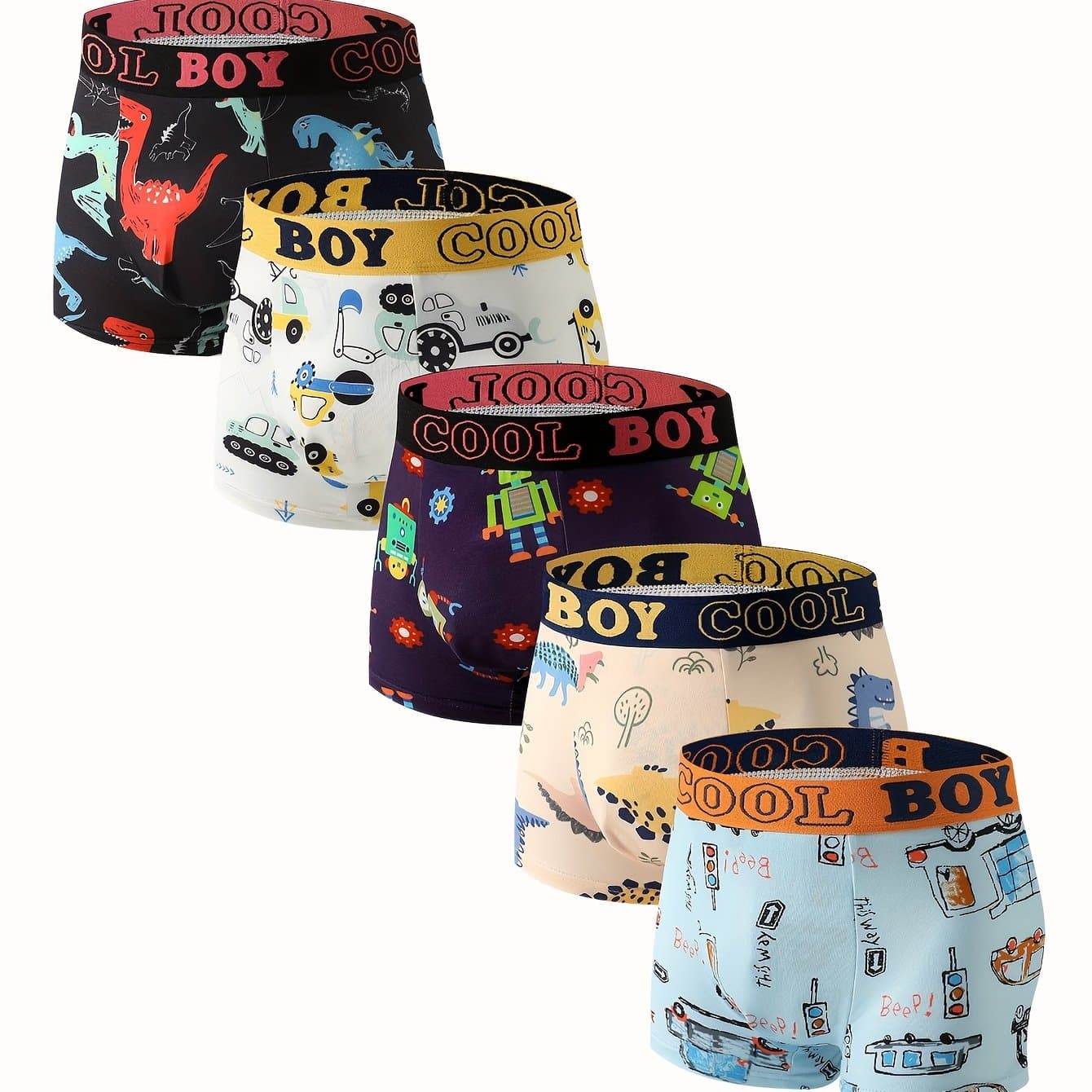 TEMU 5-pack Boys' Cartoon Dinosaur, Car, Robot Pattern Comfortable Boxer Briefs Soft Underwear For Boys
