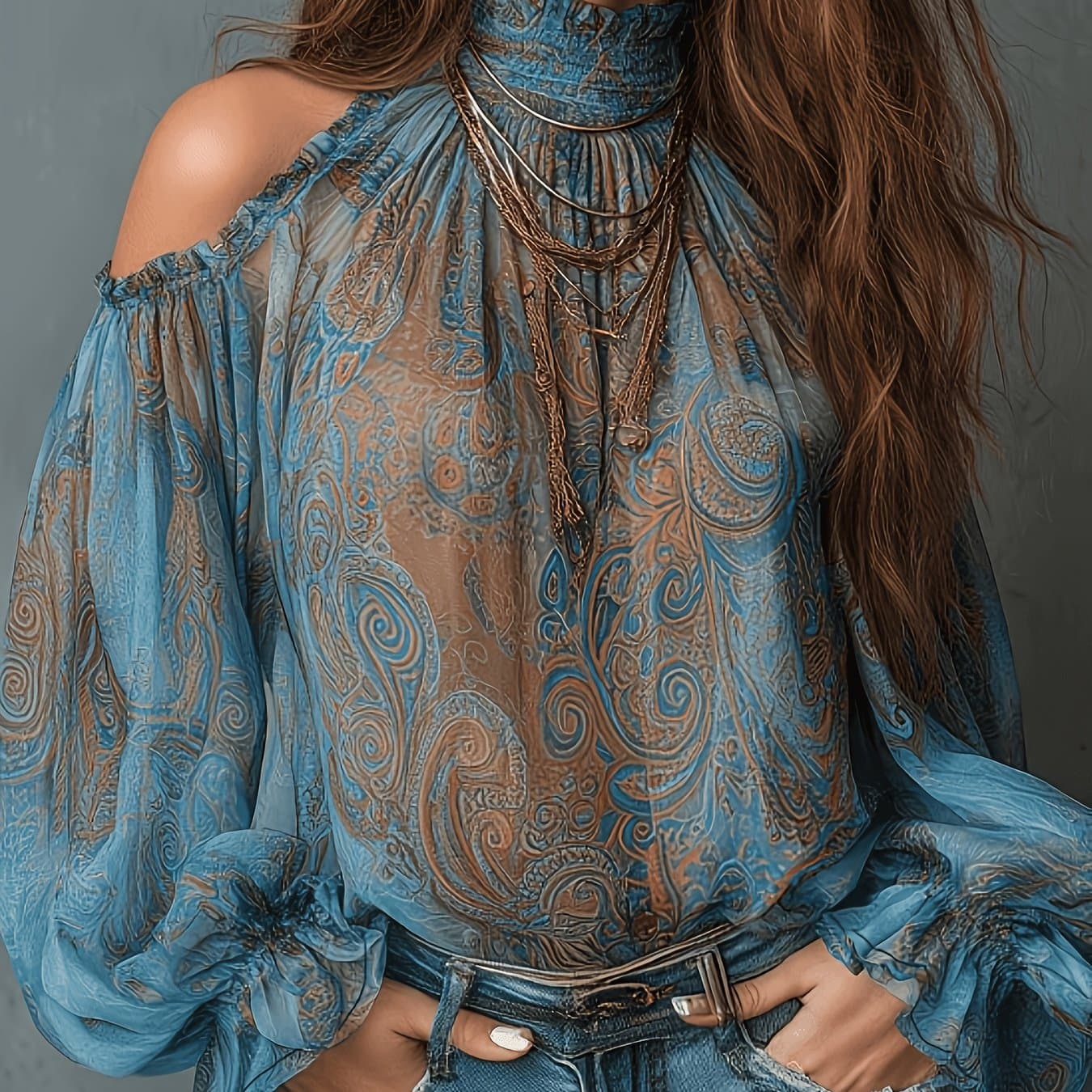 TEMU Women's Vintage Off-shoulder Paisley Pattern Shirt Top thumbnail 2