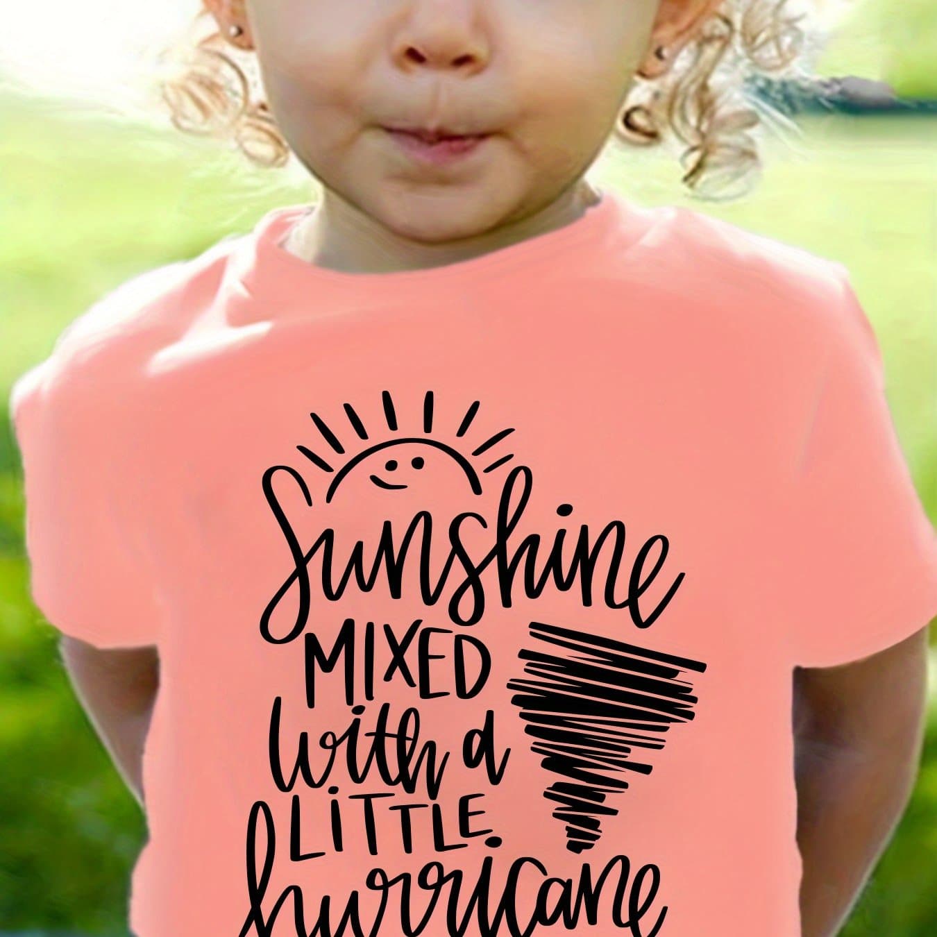 TEMU Girls "sunshine Mixed With A Little Hurricane" Print 100% Short Sleeve T-shirt, Comfy Casual Tees For Girls Summer