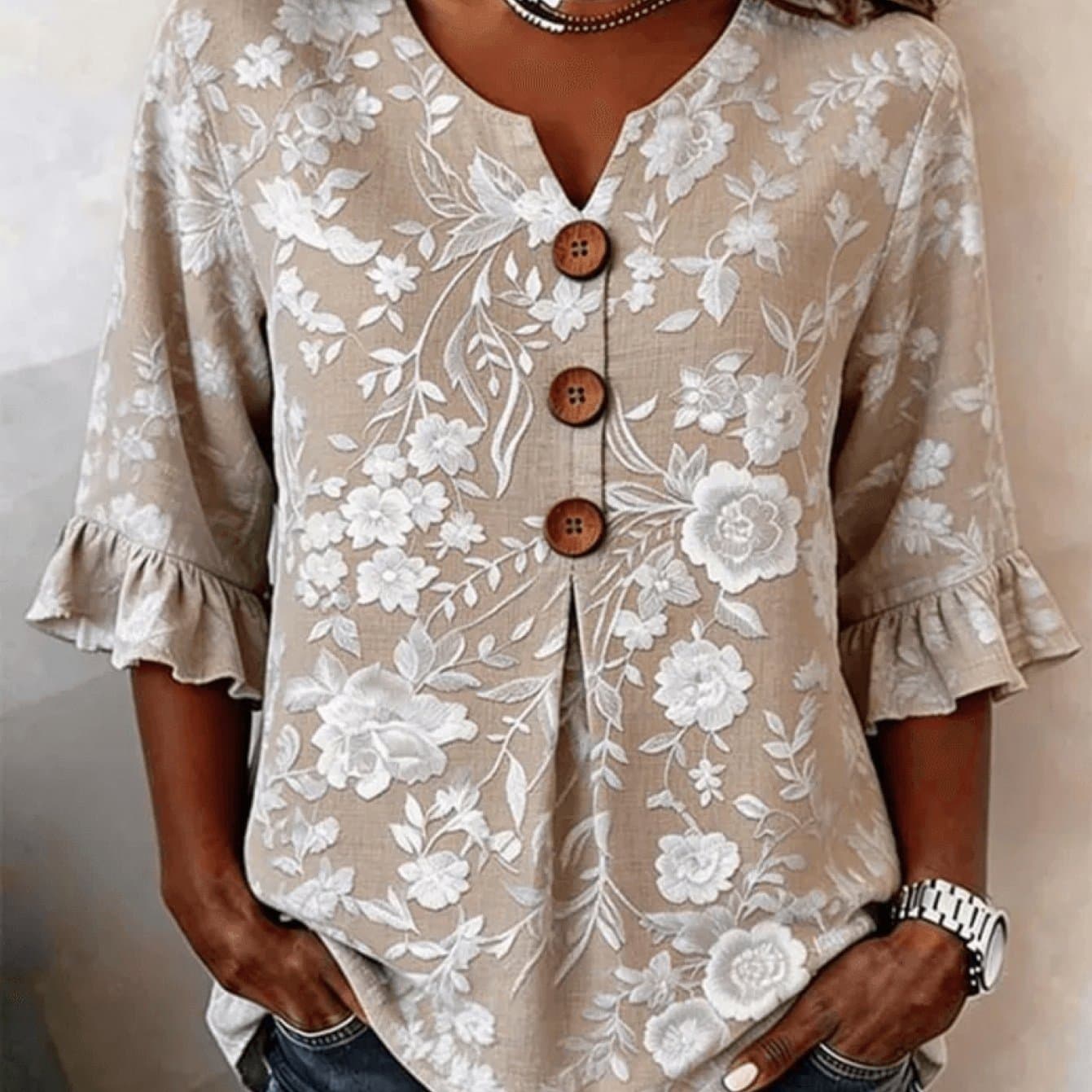 TEMU Plus Size - Plus Size - Plus Size Women's V-neck Button Style Beige White Floral Top For Everyday Wear