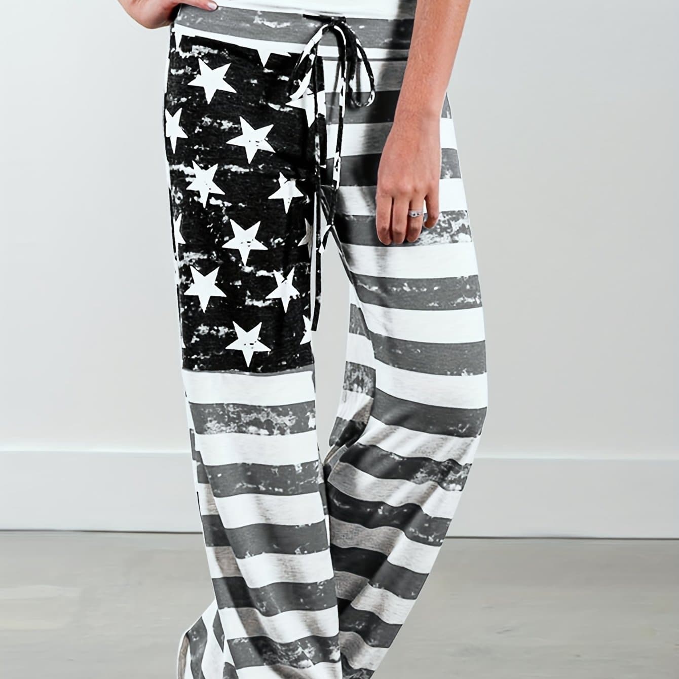 TEMU Women's American Flag Pants - Wide Leg Loose Fit With Elastic Drawstring Waist, , Machine Washable For & Casual Attire, Pants For Ladies, Comfortable Clothing, , Medium Stretch Fabric