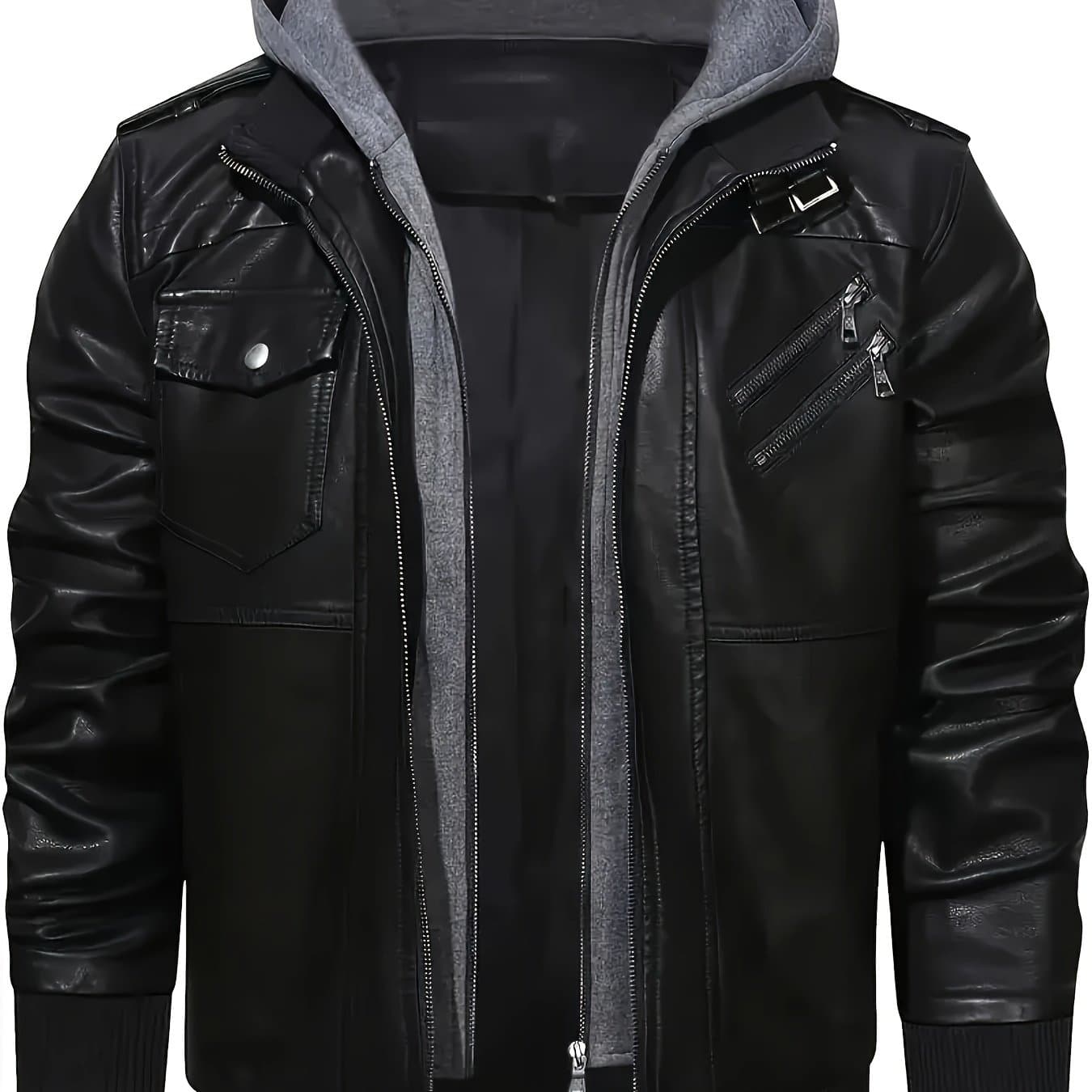 TEMU Men's Black Hooded Jacket - , Full-zip Design With Pockets, Long Sleeves, Polyester Lining, Outdoor Activities