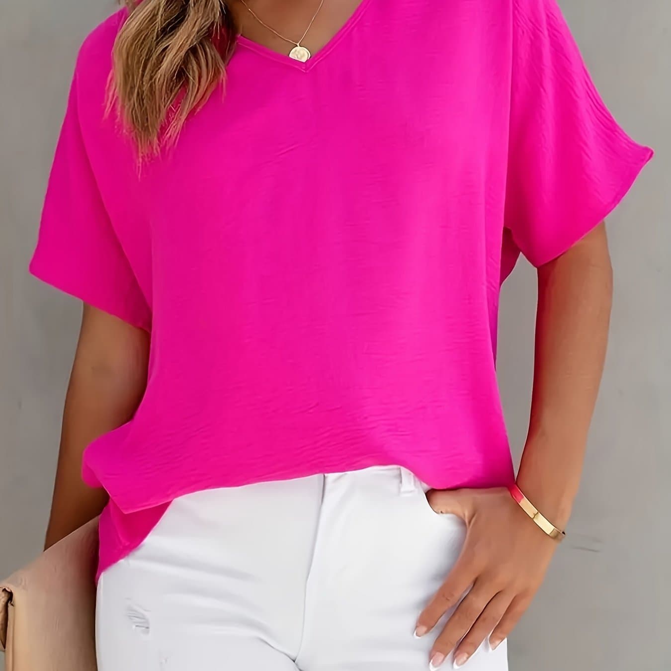 TEMU Solid Color Versatile Shirt, Casual V-neck Short-sleeved Shirt