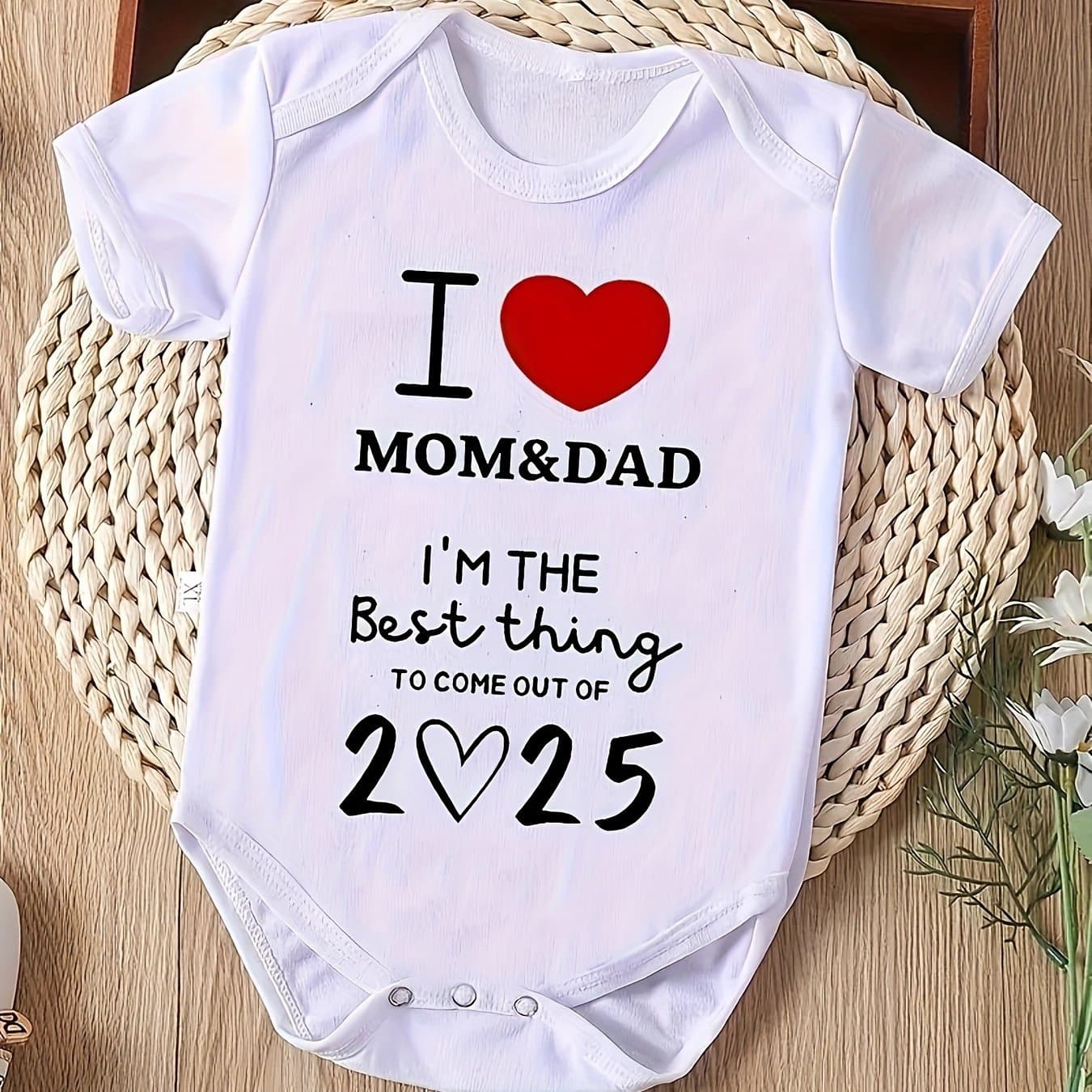 TEMU "i Love Mom And Dad" Letter Printing Baby Girl Short Sleeve Rompers, Summer Outdoor Activities Comfortable Breathable Jumpsuit, Perfect For Outdoor