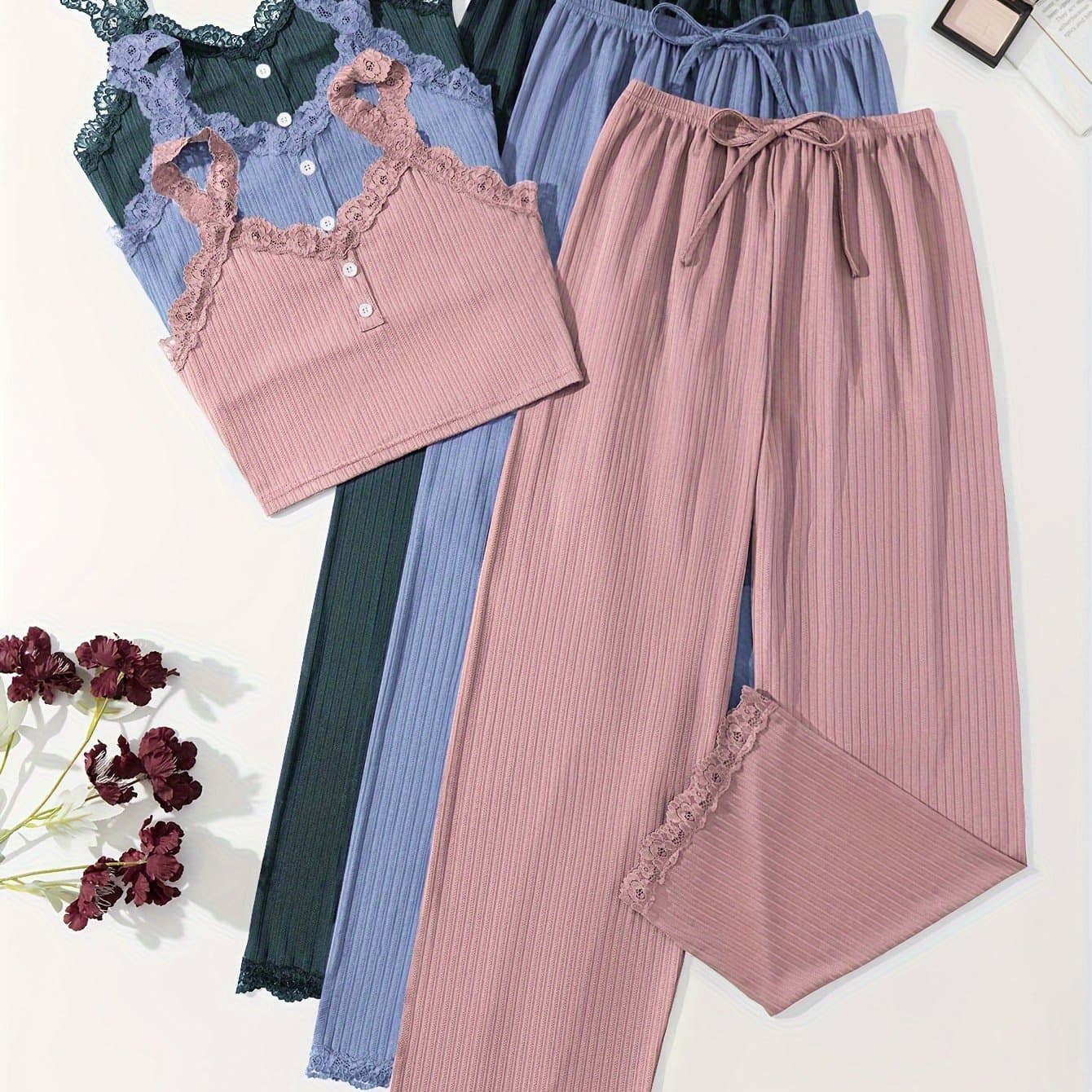 TEMU 1 Set Women's Sexy Off-the-shoulder Lace Suspender Pajama Set - Options, Solid Color With Thin Strap Top & Button-front Closure, Soft Breathable Sleepwear For Women, Casual Elegant Nightwear