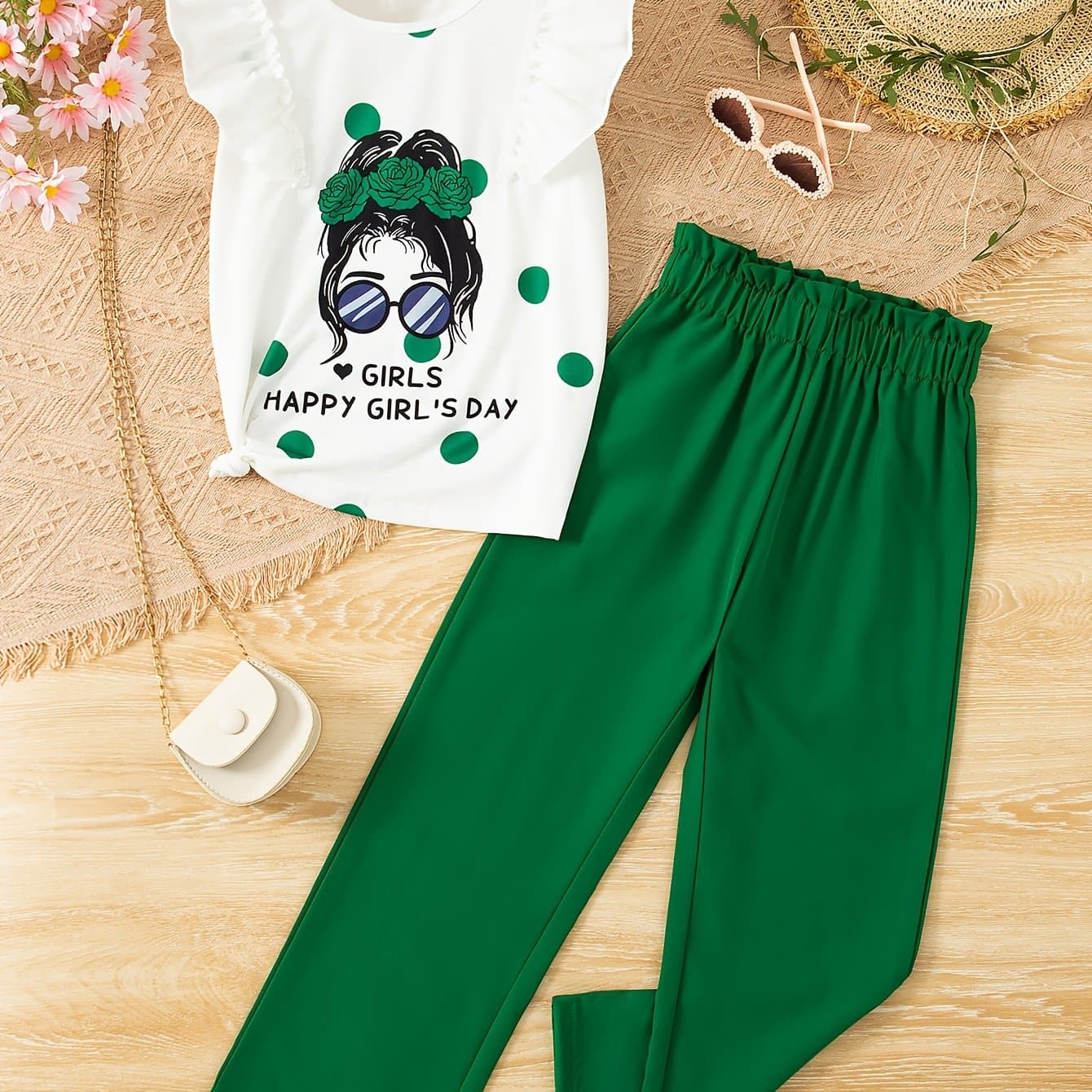 TEMU Teenager Summer Casual Outing Small Round Neck Print Cartoon Pattern Regular Fit Sleeveless Scalloped Trim Knit T-shirt Top And Long Pants Two-piece Set Girls' Long Pants Set, For Outdoor