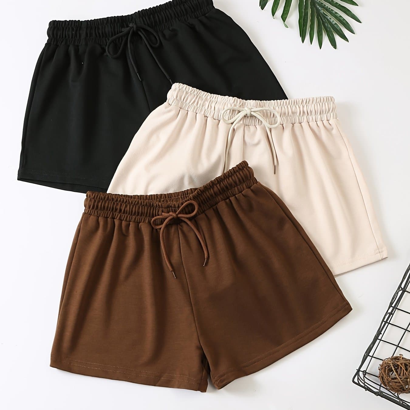 TEMU 3pcs Set Of Solid Color Drawstring Shorts, Summer Elastic Waist Casual Shorts, Women's Clothing