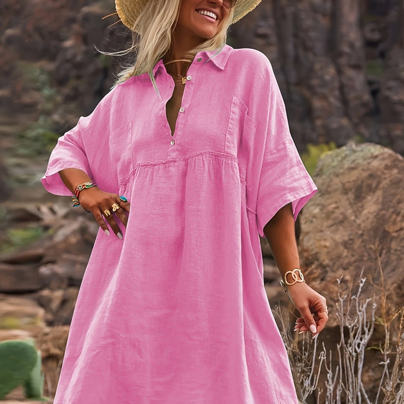 TEMU New Women's Loose Solid Color Collar Vacation Casual Button Fashionable Dress For Women