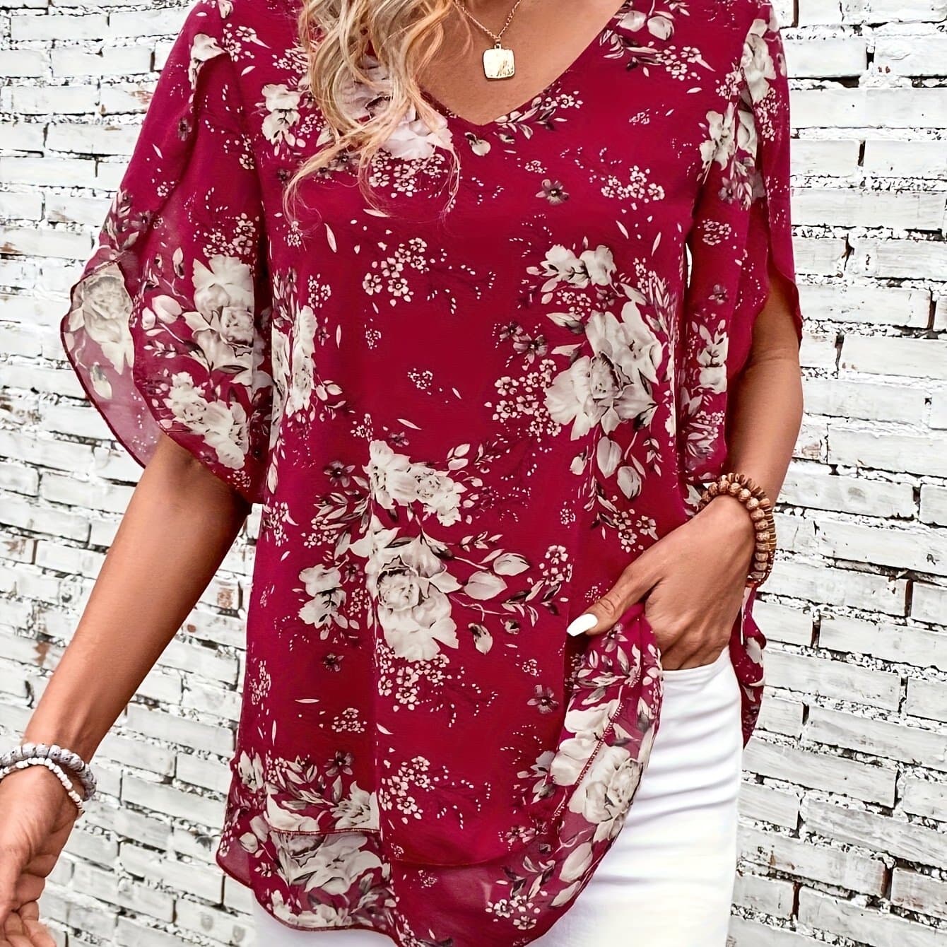 TEMU V-neck Split Sleeve Double-layer Chiffon Blouse Bohemian Style Floral Print For Summer Loose And Flowy Breathable Women's Top Suitable For Casual Vacation And Daily Wear