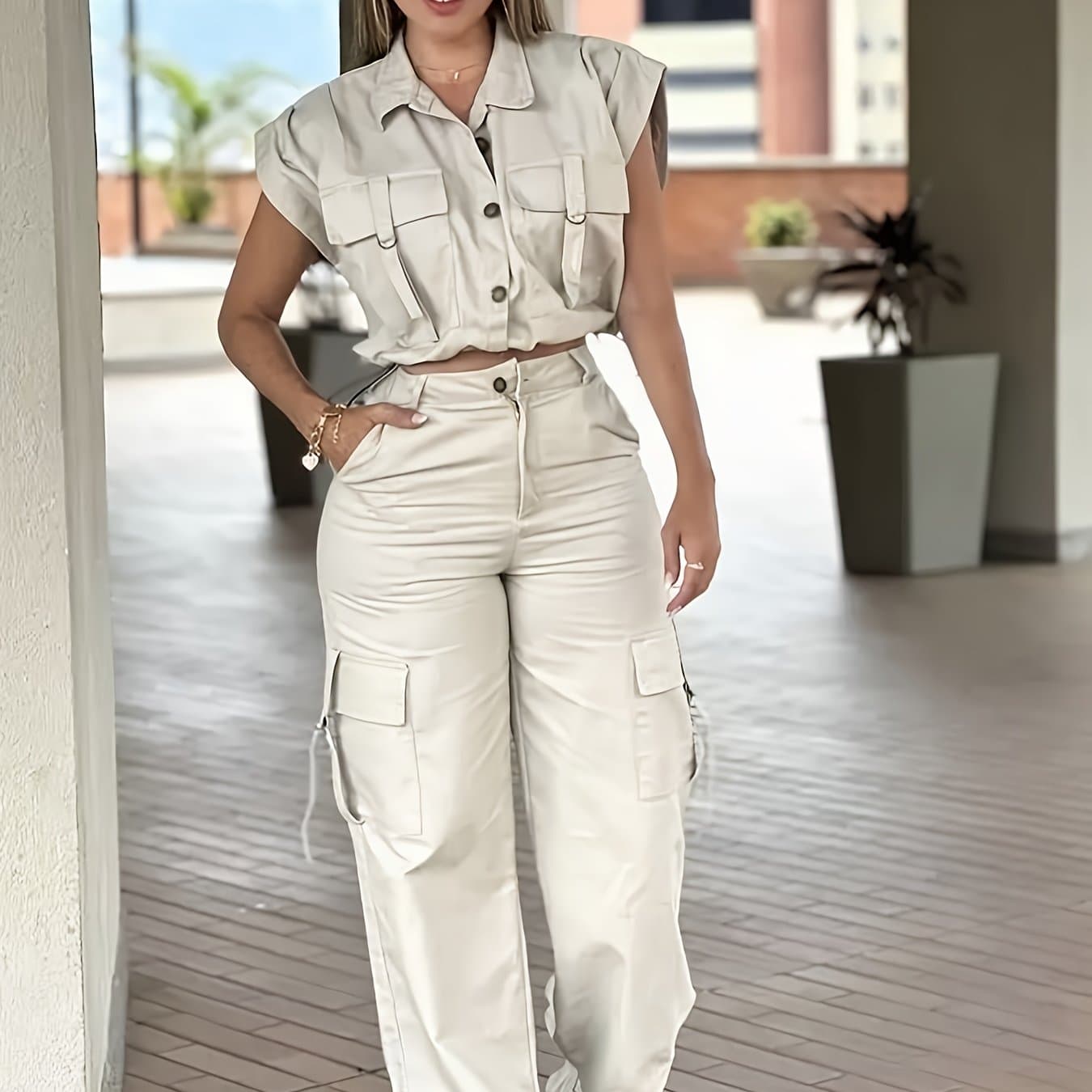 TEMU Fashion Utility Style Suit, Sleeveless Short Top And Wide Leg Pants Casual Cool Outfit
