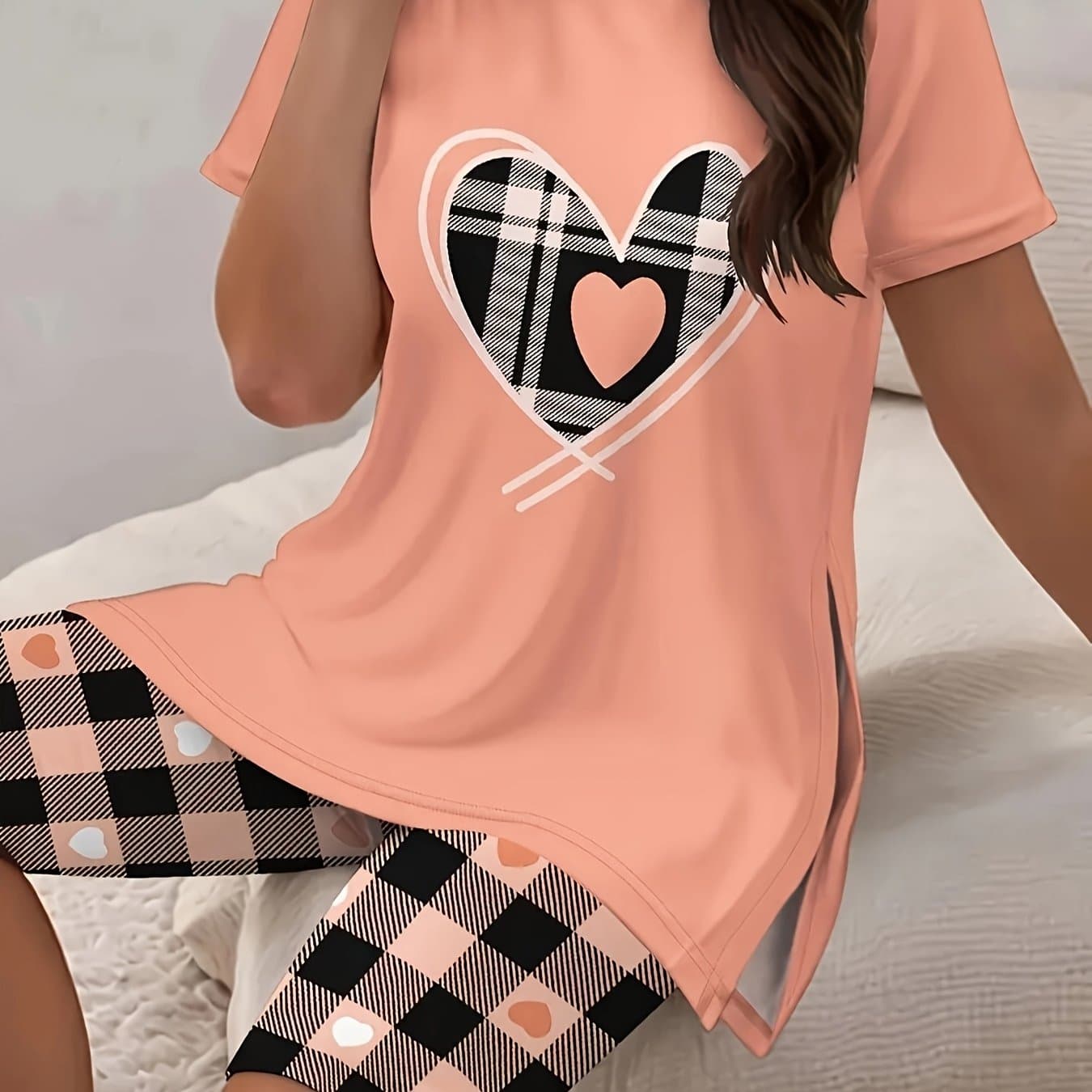 TEMU Sweet Set Pink Love Print Short Sleeves + Shorts Stretch, Comfortable And Skin-friendly And Breathable, Suitable For Multiple Scenes