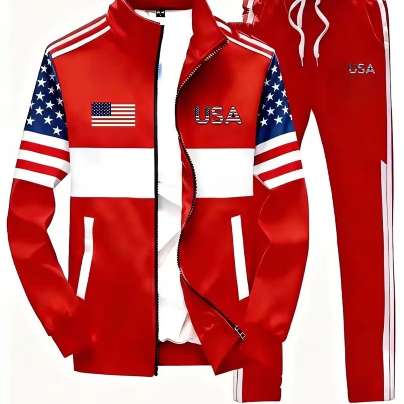 TEMU Men's Track Jacket And Pants Set | Style Casual Trendy Sportswear With Usa Flag Pattern, Loose Fit, Baseball Collar, Slight Stretch Fabric, Printed Details