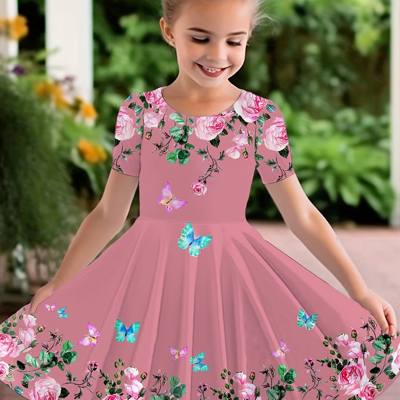 TEMU Girls' & Print Short-sleeve Dress With Oversized Flared - Round Neck -line Party Dress Suitable For Birthdays, Weddings, Casual Attire, Machine Washable Polyester Dress For To Teen Girls