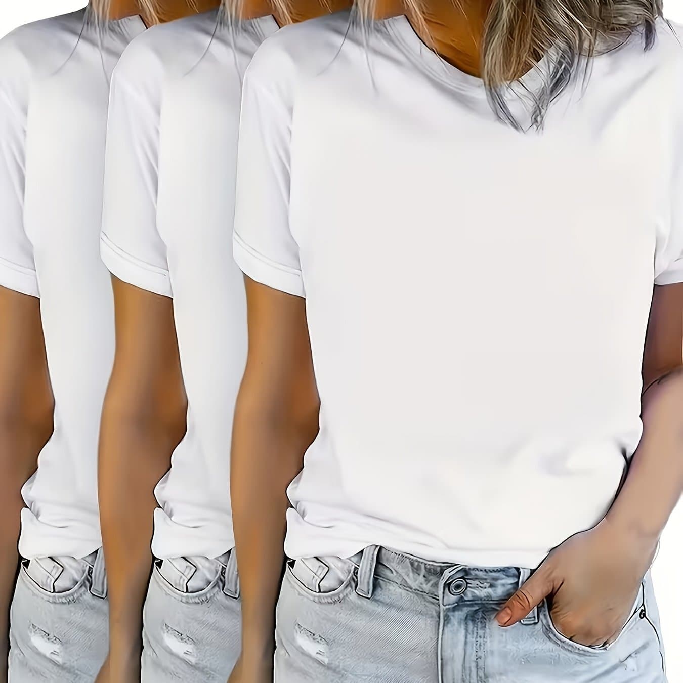 TEMU 3-pack Women' Color Round Neck T-shirt, Soft And Comfortable Casual Round Neck Shirt, Perfect For Summer And Casual Wear