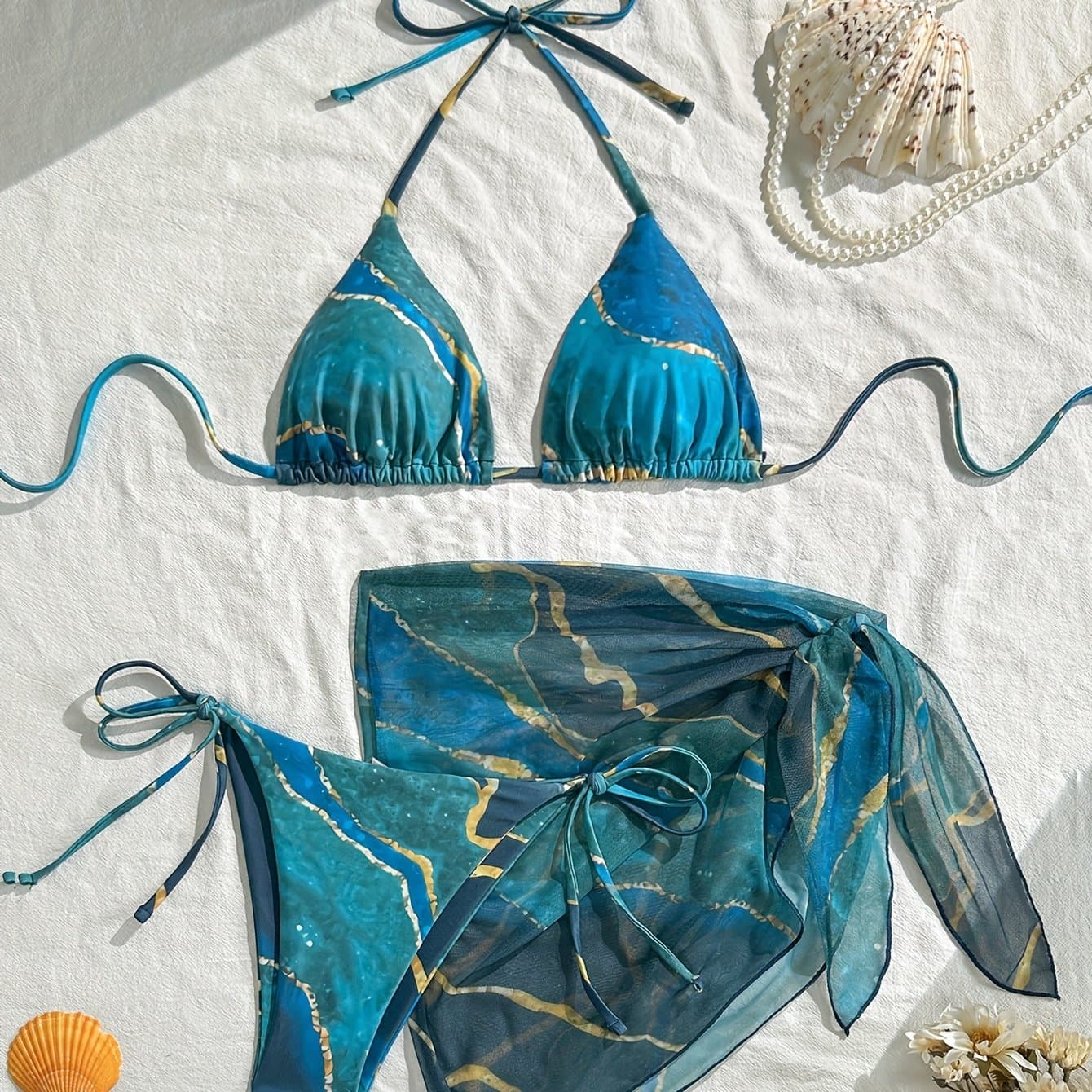 TEMU Hot Marble Pattern 3pcs Bikini Swimsuit With Mesh Apron, Women's Sexy Bikini