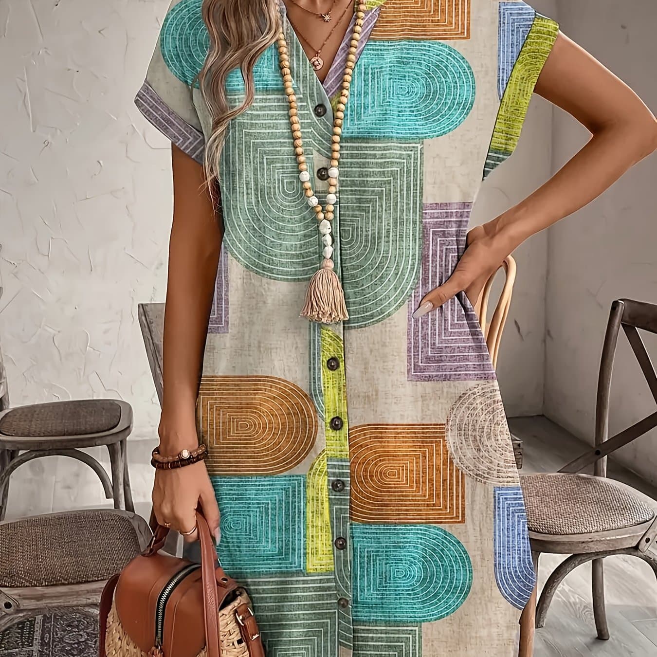 TEMU Elegant V-neck Button-up Dress For Women, Featuring Geometric Patterns, Suitable For Wear