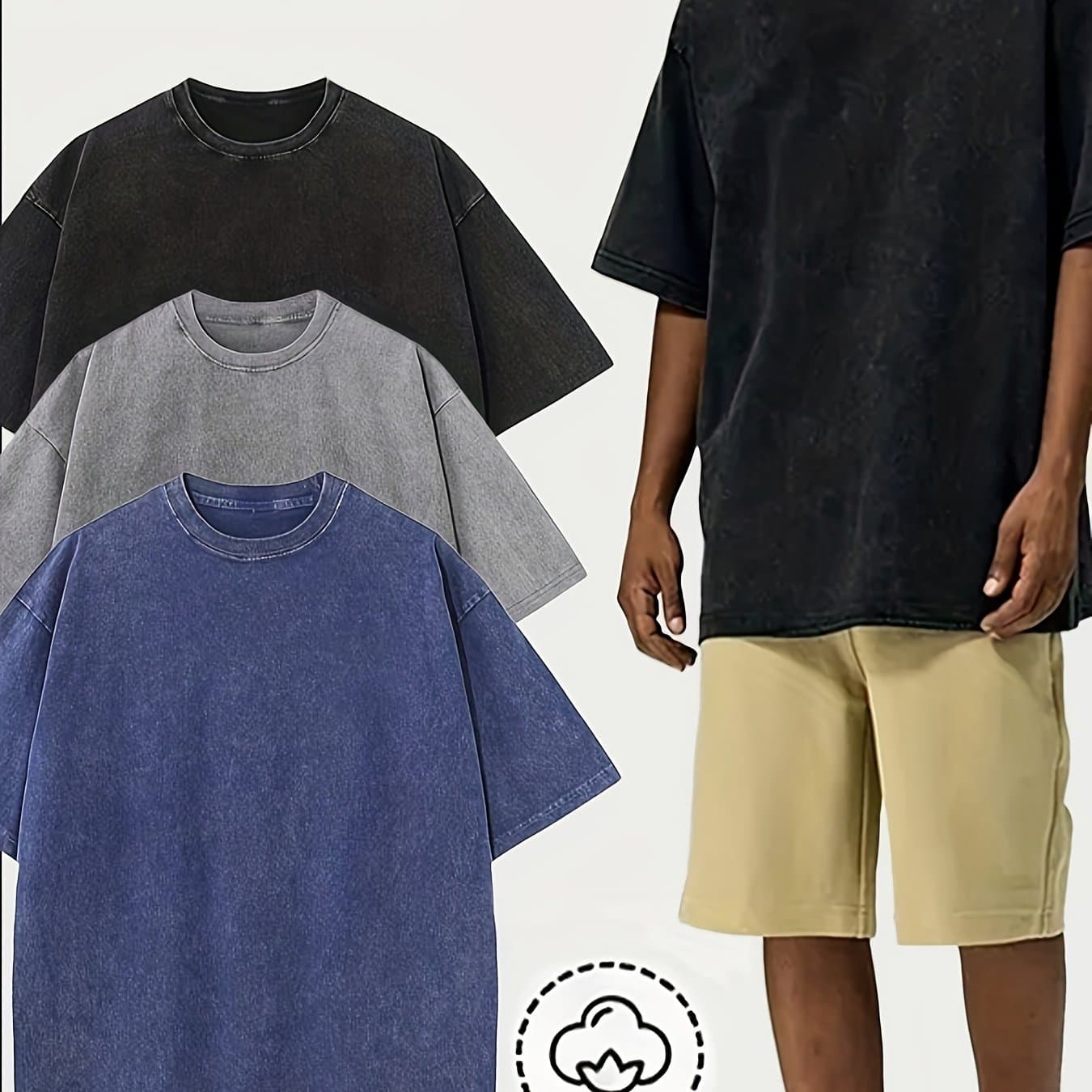 TEMU Set Of 3 Men's Large 100% Pre-washed T-shirts, Classic Loose Fit Heavyweight Short Sleeve Tops For Everyday Casual Wear, Assorted Colors Crewneck Shirts