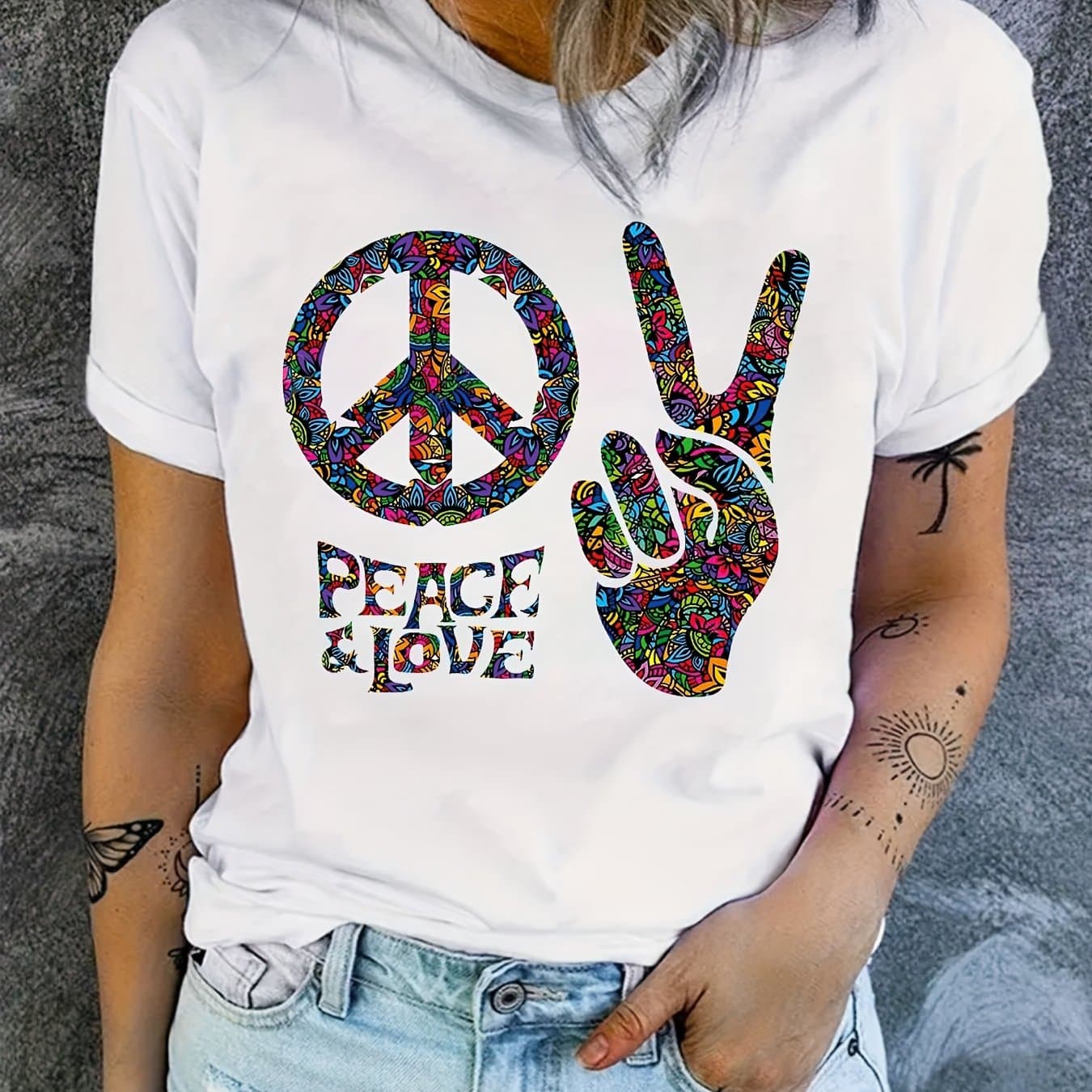 TEMU Hippy Graphic Print T-shirt, Short Sleeve Crew Neck Casual Top For Summer And Spring, Women's Clothing