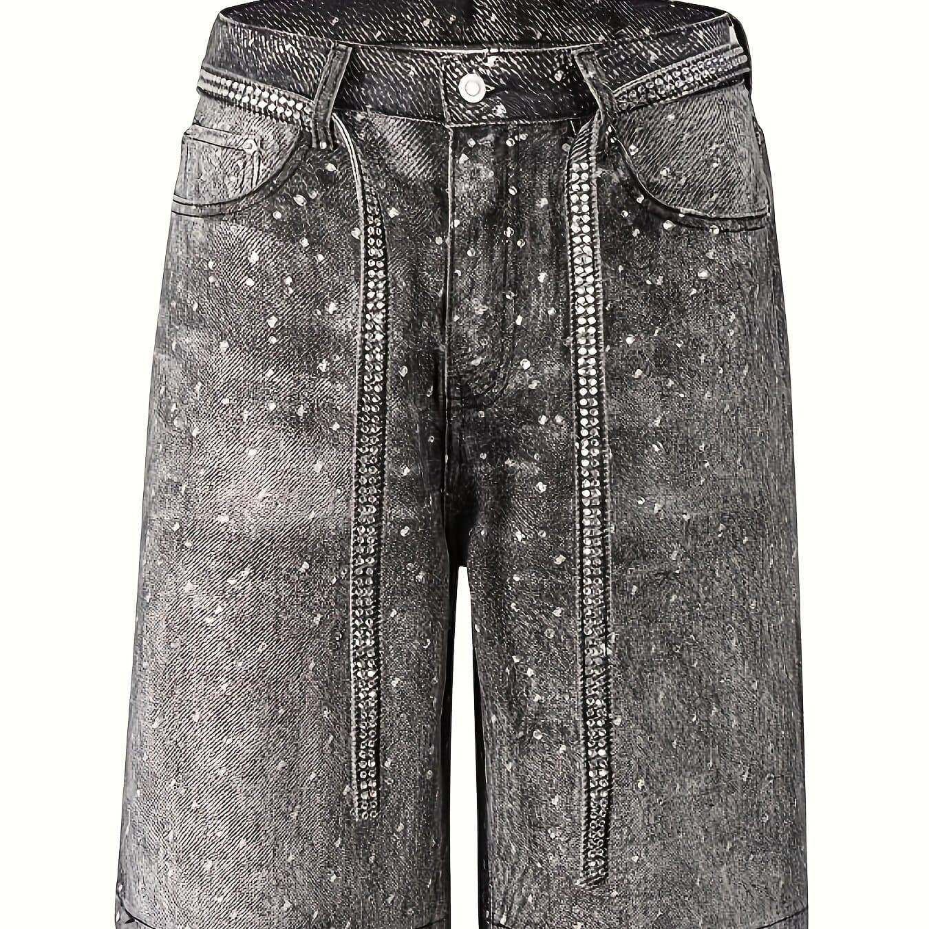 TEMU European And Versatile Diamond Studded Denim Shorts And Belt, Unisex, Vintage Washed, Starry With Diamonds, Suitable For Spring And Summer