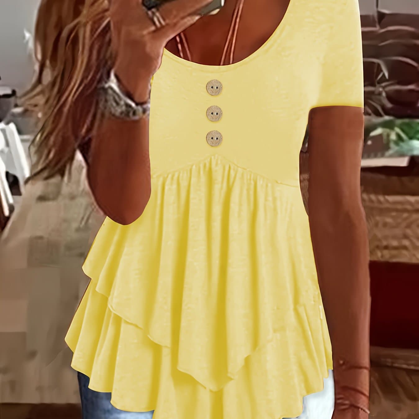 TEMU Solid Color Crew Neck T-shirt, Casual Short Sleeve Button Front Flare Tiered Top For , Women's Clothing