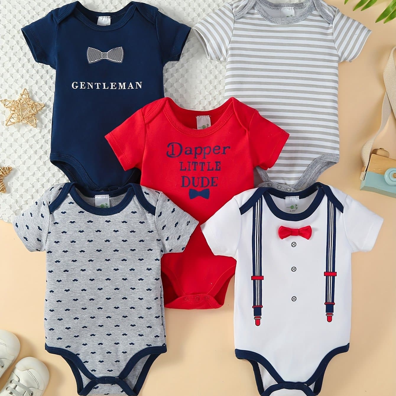 TEMU [5pcs Set] Baby Boy Cartoon Onesie, Male Baby, Bow Tie Gentleman Crawl Suit, For Outdoor