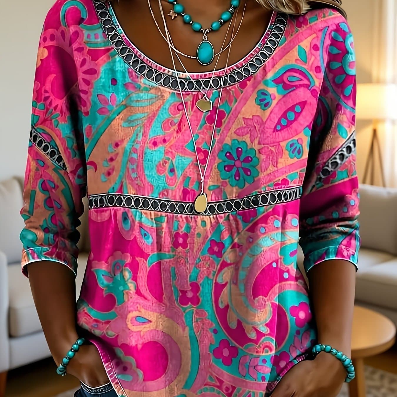 TEMU Paisley Patterned Top For Women In Summer, Loose And Printed T-shirt, Versatile For Vacation And Leisure