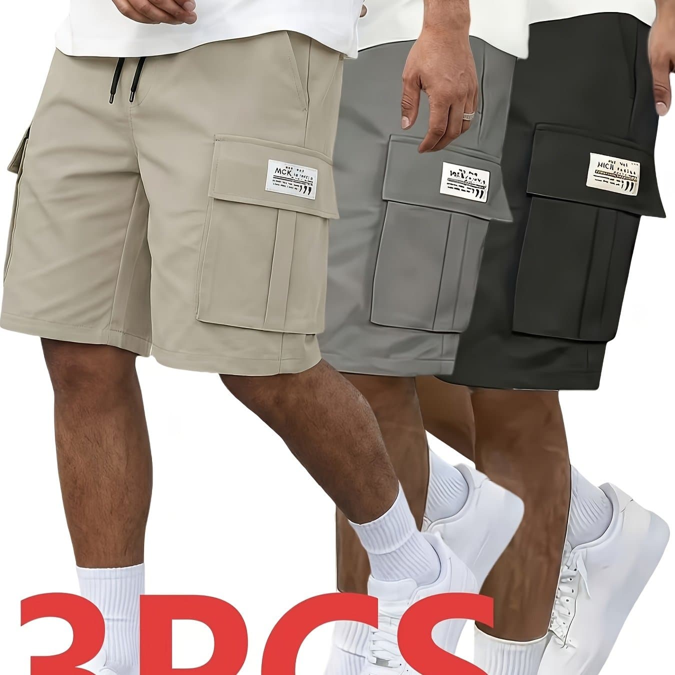TEMU 3-pc Men's Cargo Shorts, Solid Color Camouflage Series, Casual Athletic Shorts - Multi-pocket , Adjustable Waist (black, Gray, Khaki) - Outdoor & Travel