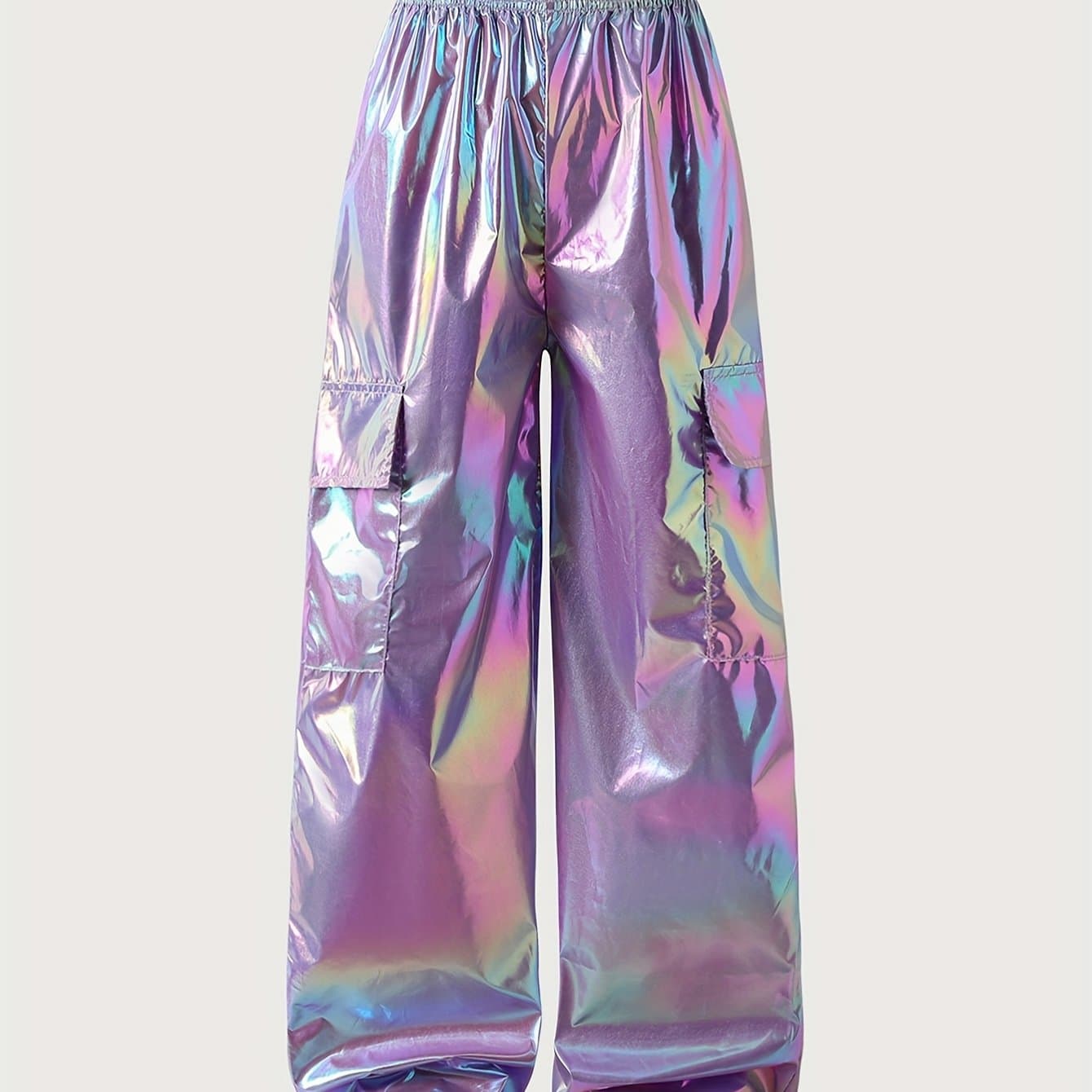 TEMU Girls' Holographic Flip Pocket Gradient Work Casual Loose Long Pants, For Outdoor