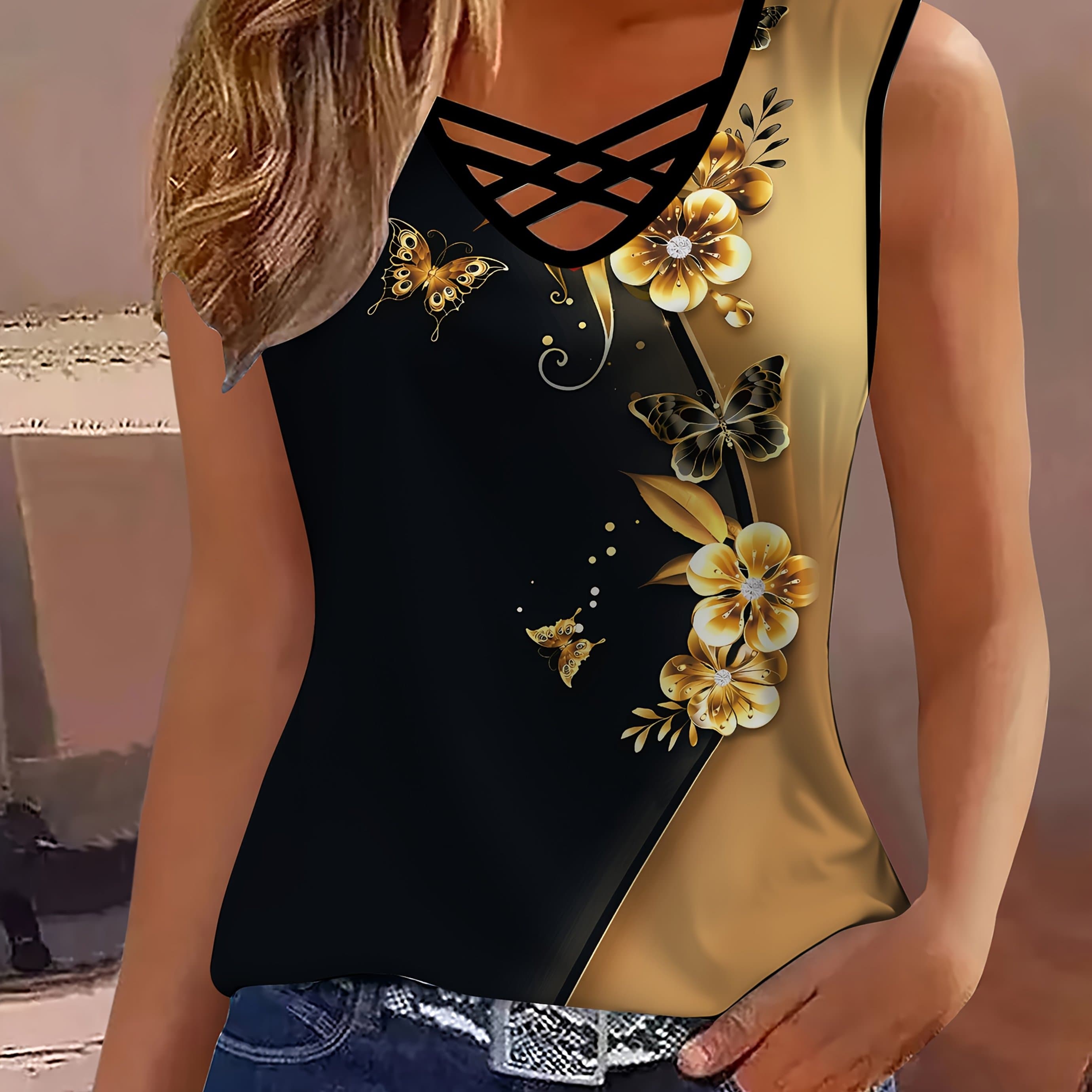 TEMU Elegant Women's V-neck Crossover Printed T-shirt With Fashionable Golden Floral Patterns