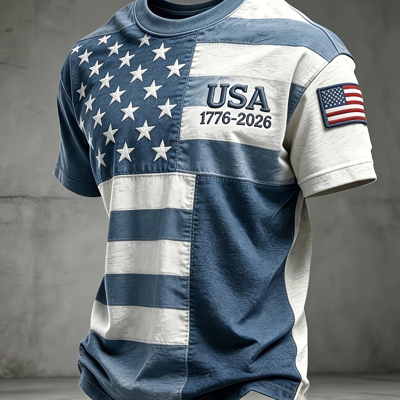 TEMU Men's Usa 250th Anniversary T-shirt 1776-2026 - Distressed American Flag Color, Round Neck Casual Short Sleeve Shirt Suitable For & Everyday Outfits, Machine Washable Historical Apparel