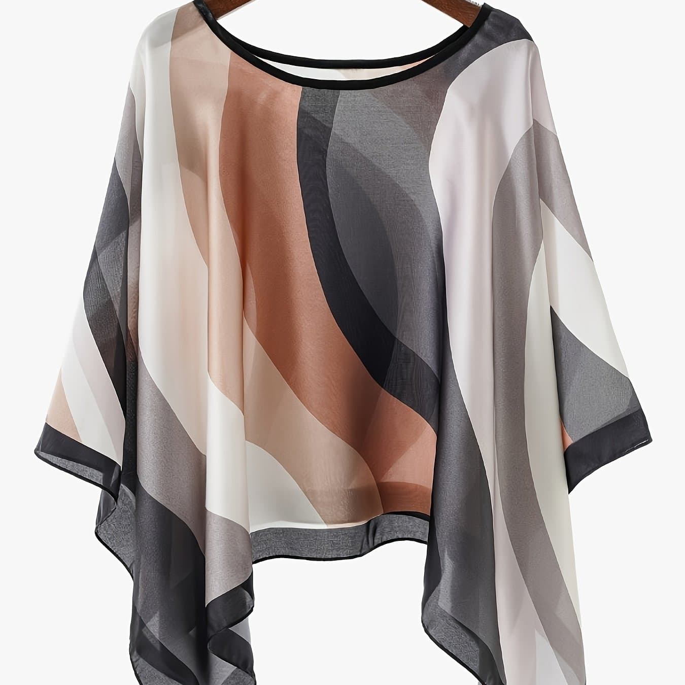 TEMU Satin Women's Summer Travel Geometric Striped Print Sunscreen Cover-up, Bohemian Style, Plus Size Magic! Loose Breathable Versatile Cover-up