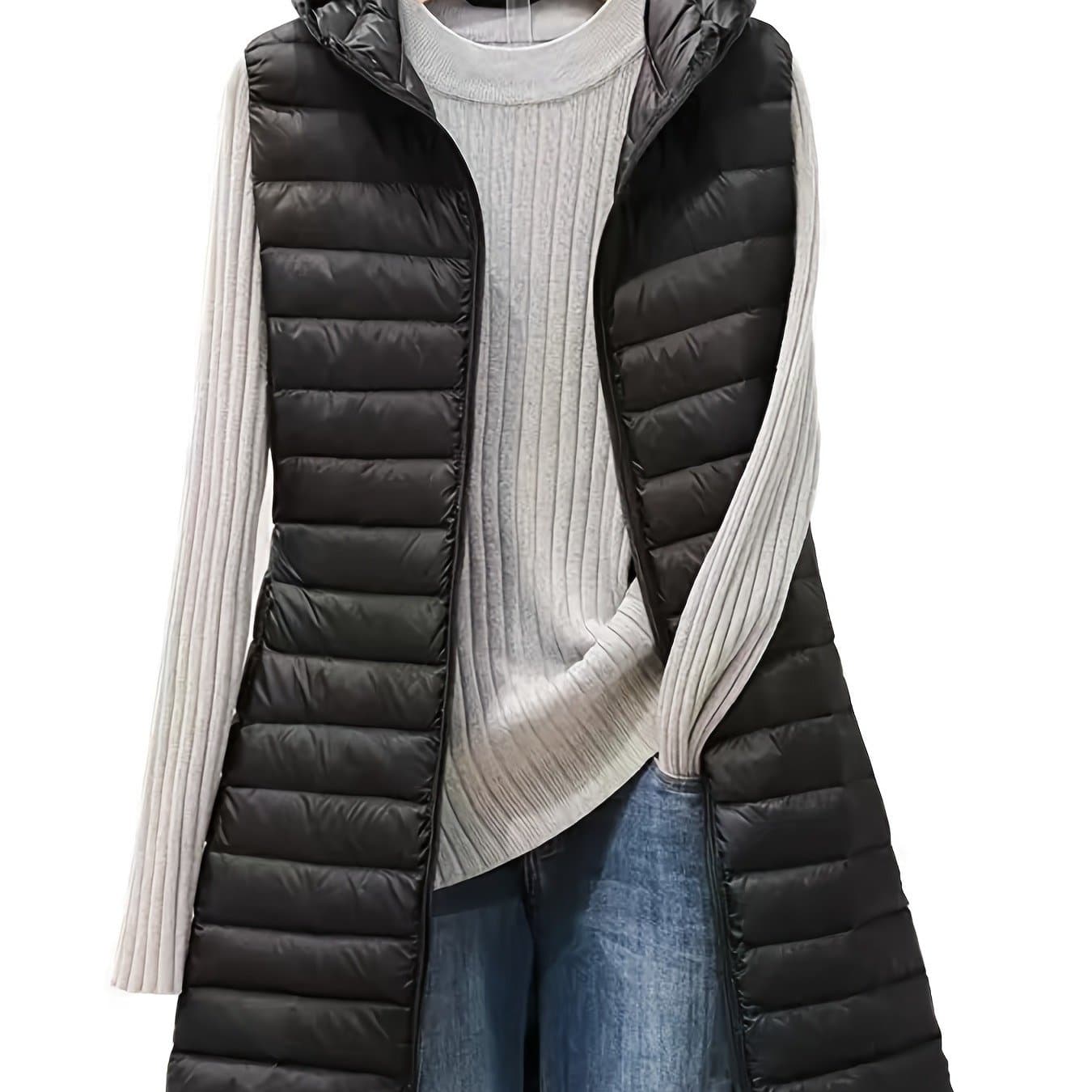 TEMU Autumn/ Casual Streetwear Women's Long Hooded Padded Vest Jacket
