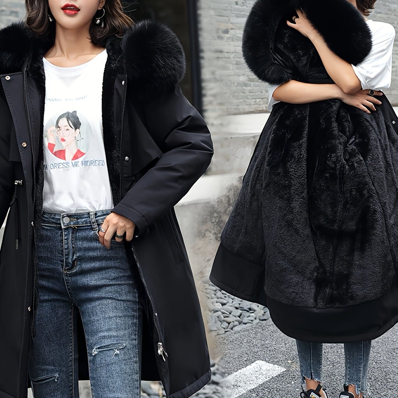 TEMU Winter New Mid-length Fleece-lined Parka Coat Trendy Women's Outerwear Detachable Collar