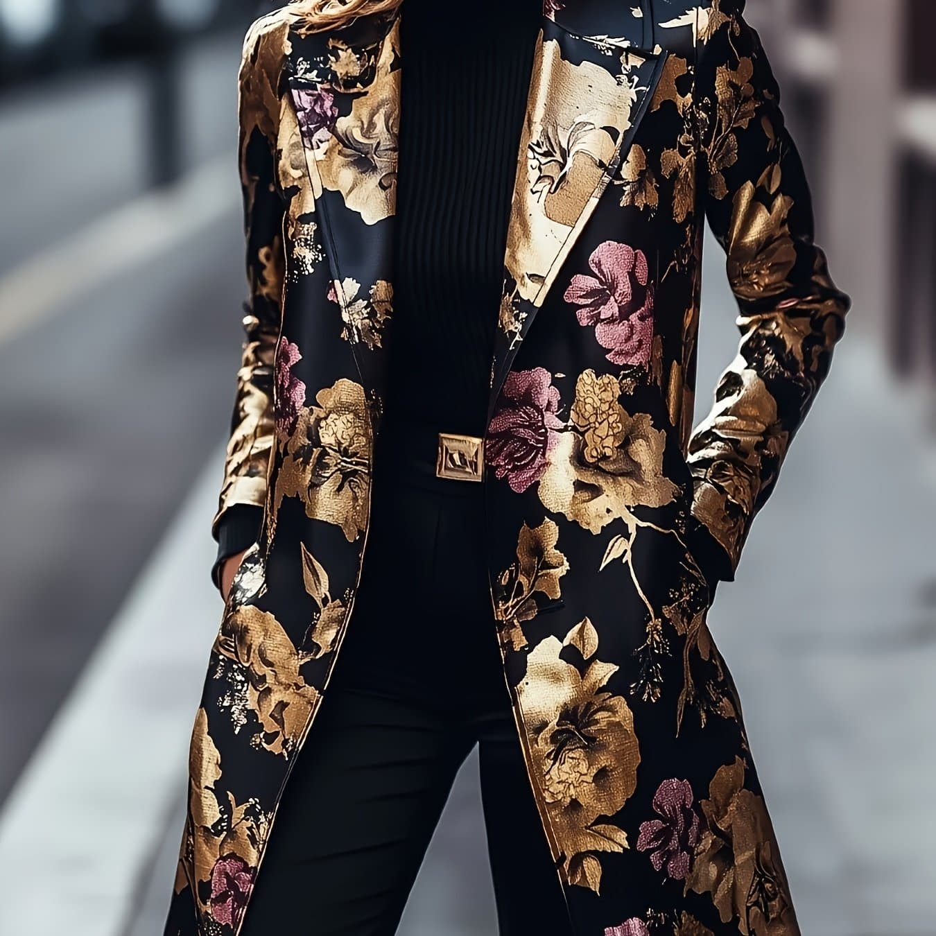 TEMU Plus Size - Plus Size - Long-sleeved Single-breasted Mid-length Suit Jacket With Floral Pattern