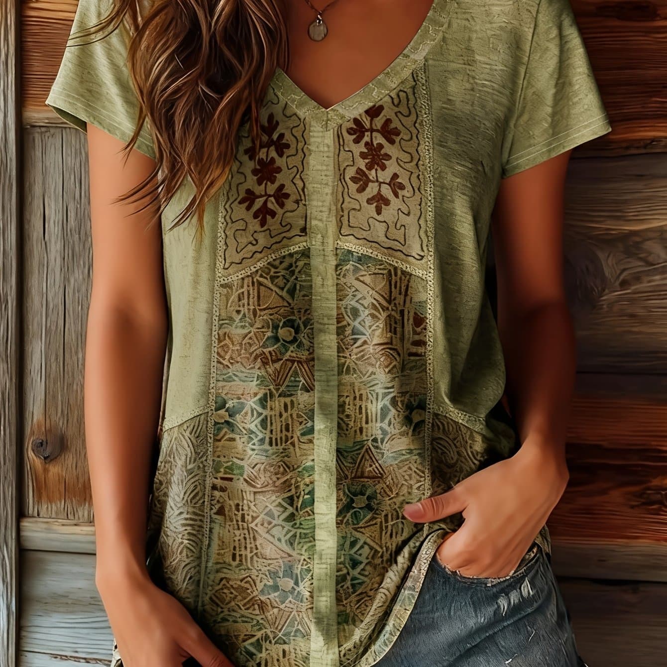 TEMU Women's Spring/summer Fashion Ethnic Print Versatile Short Sleeve Summer T-shirt For Daily Wear