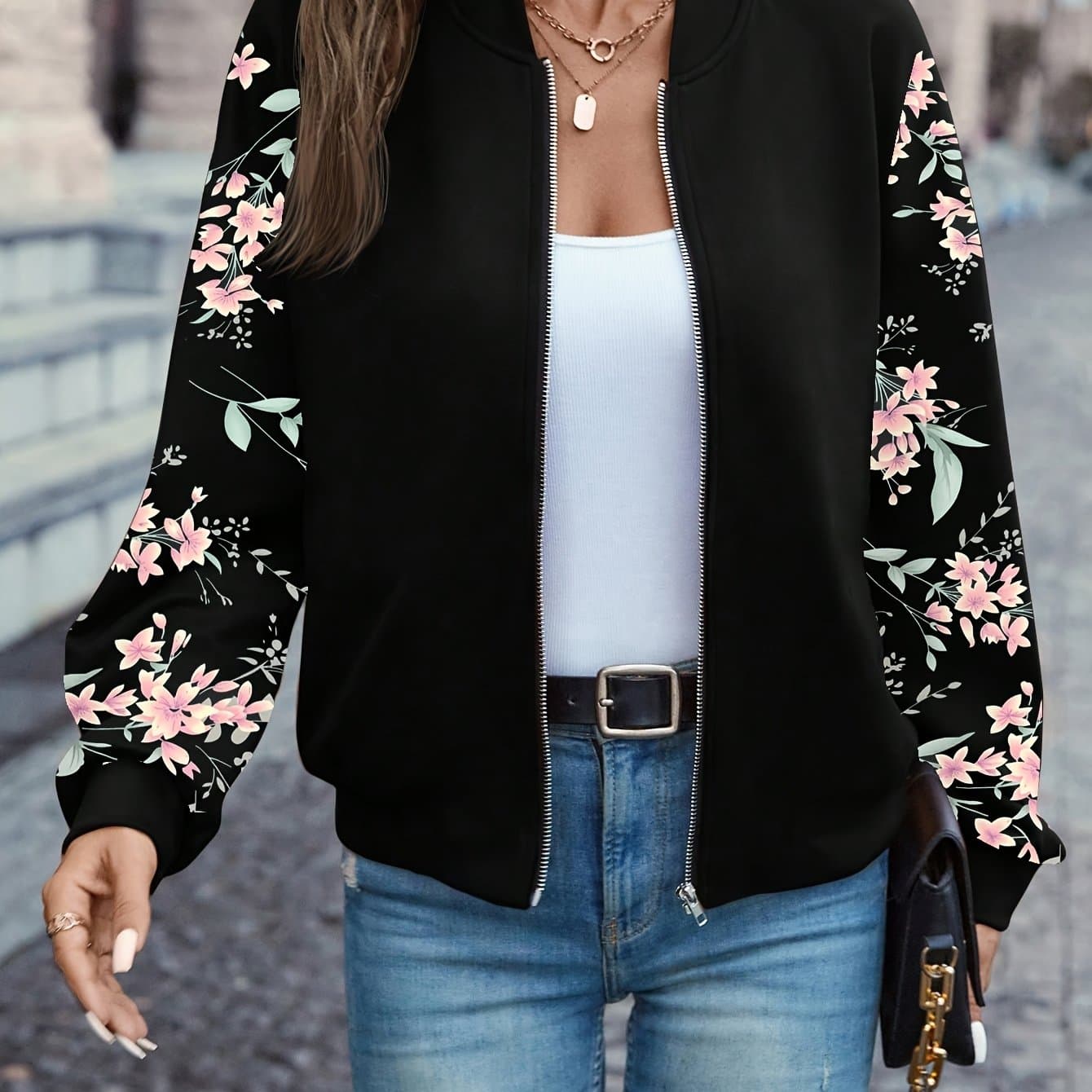 TEMU Floral Print Zip Up Jacket, Elegant Long Sleeve Baseball Collar Jacket For Spring & Fall, Women's Clothing