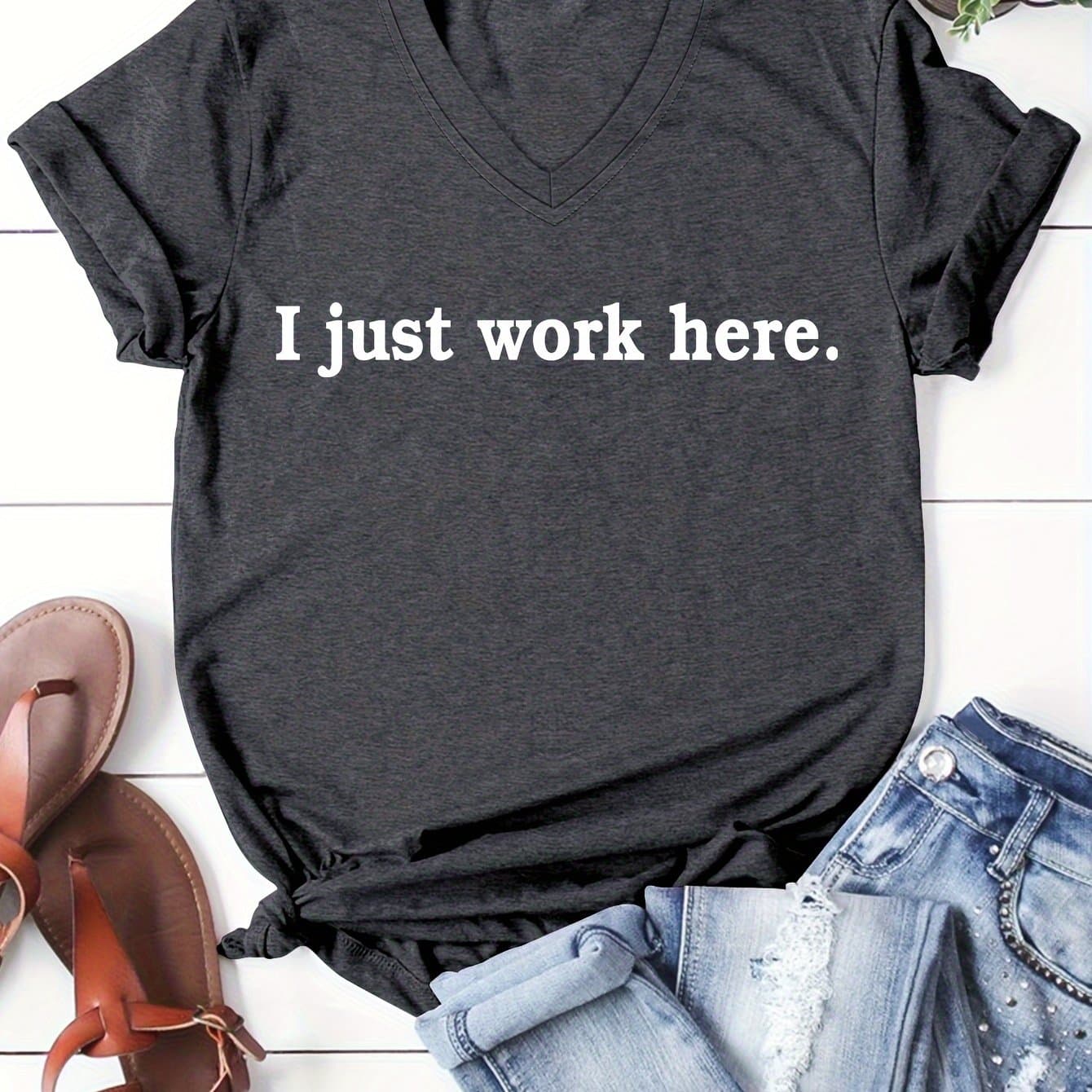 TEMU Women's Casual V-neck T-shirt With "i'm Just Working Here" Graphic Print - Soft Viscose Blend, Regular Fit Short Sleeve, Black With White Text, Machine Washable For Everyday Casual Wear