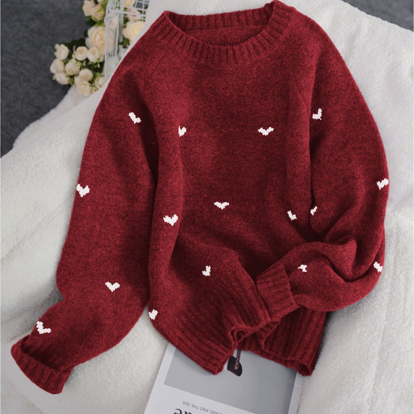 TEMU Autumn And Winter New Christmas Valentine's Day Love Pattern Sweater Women's Loose Lazy High-end Pullover Sweater Top Fashion Women's Top Popular Beautiful Ladies Sweater