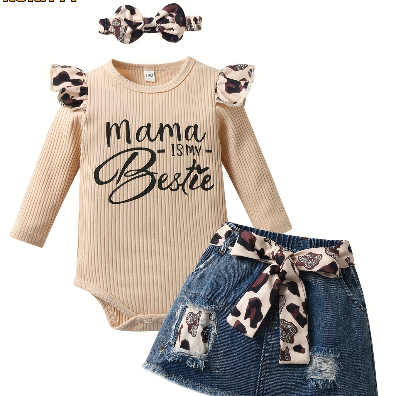 TEMU Kukitty 4pcs Set For Baby Girls Featuring Long Sleeve Bodysuit With Letter Design And Ripped Leopard Print Denim Skirt, For Outdoor