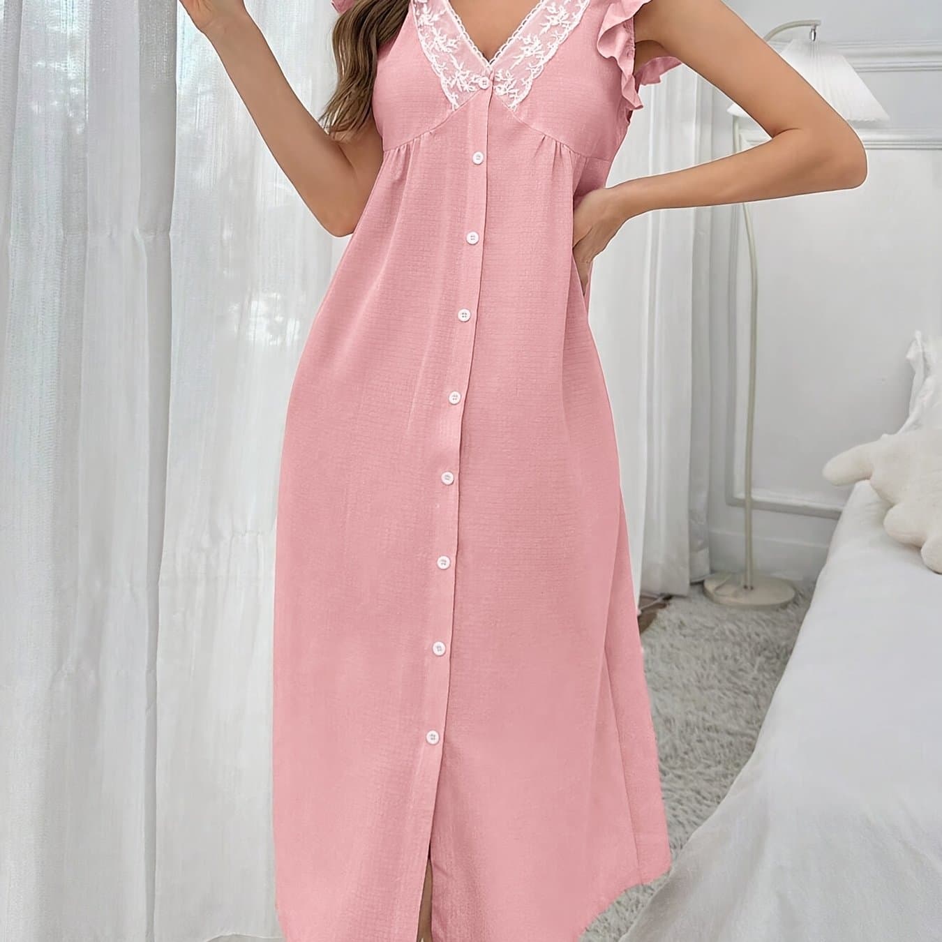 TEMU Spring/summer Edition Women's Nightgown, Sexy Cardigan Button-up Lace Solid Color Sleep Robe, Elegant And Dress, Middle East Targeted Development 2412