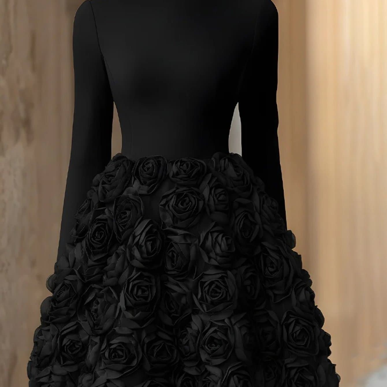 TEMU High Neck Three-dimensional Rose Mini Skirt For Women | Retro Elegant Court Style, Suitable For Dinner Parties, Formal Social Occasions, All