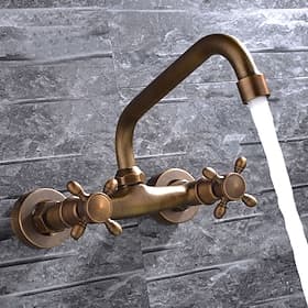 Retro Style Utility Sink Laundry Faucet, Wall Mount Long Spout Two Handles Three Holes Wash Basin Tap with Hot and Cold Water Hoses, Laundry Tub Pot Filler Com