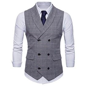 Men's Vest Suit Vest Waistcoat Business Work Wedding Holiday Formal Gentle Spring Fall Cotton Elastane Plaid Shirt Collar Slim Brown Light Grey Dark Gray Vest
