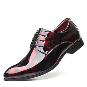 Men's Glossy Burgundy Patent Faux Leather Lace-Up Dress Shoes with Brogue Detailing - Formal Oxford Shoes for Weddings, Parties, and Business Events