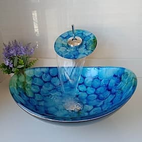 Bathroom Vessel Sink Set Rectangular 16x13, Sink Mixer Faucet and Drain Combo with Pop-up Drain, Boat Shape Color Tempered Glass Artistic Vessel Vanity Sink Bo