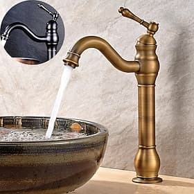 Bathroom Sink Mixer Faucet Antique Brass ORB, 360 Rotatable Basin Tap Single Handle Deck Mounted, Traditional Washroom Vessel Bath Taps