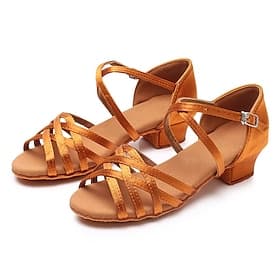Girls' Satin Latin Dance Shoes with Strappy Design, Flexible Sole, and Low Heels – Ideal for Ballroom or Salsa Performances